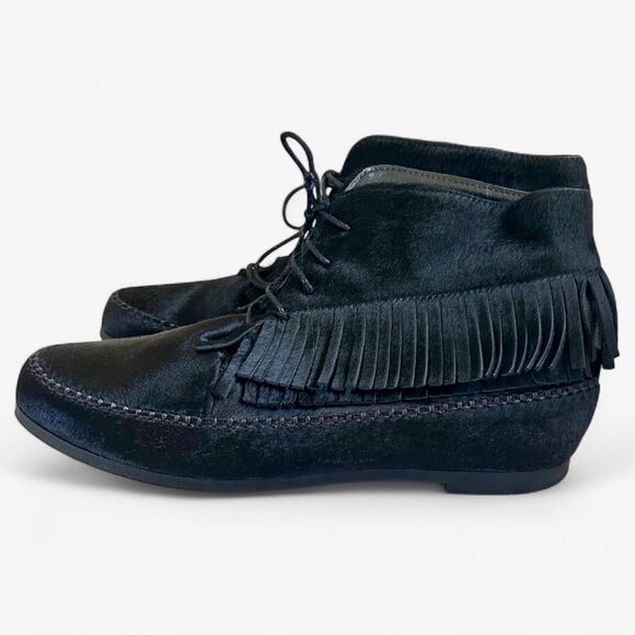 Jenni Kayne Black Suede Fringe Ankle Boots Women’s 36 US 6 Lace Up Made in Italy - Picture 1 of 9